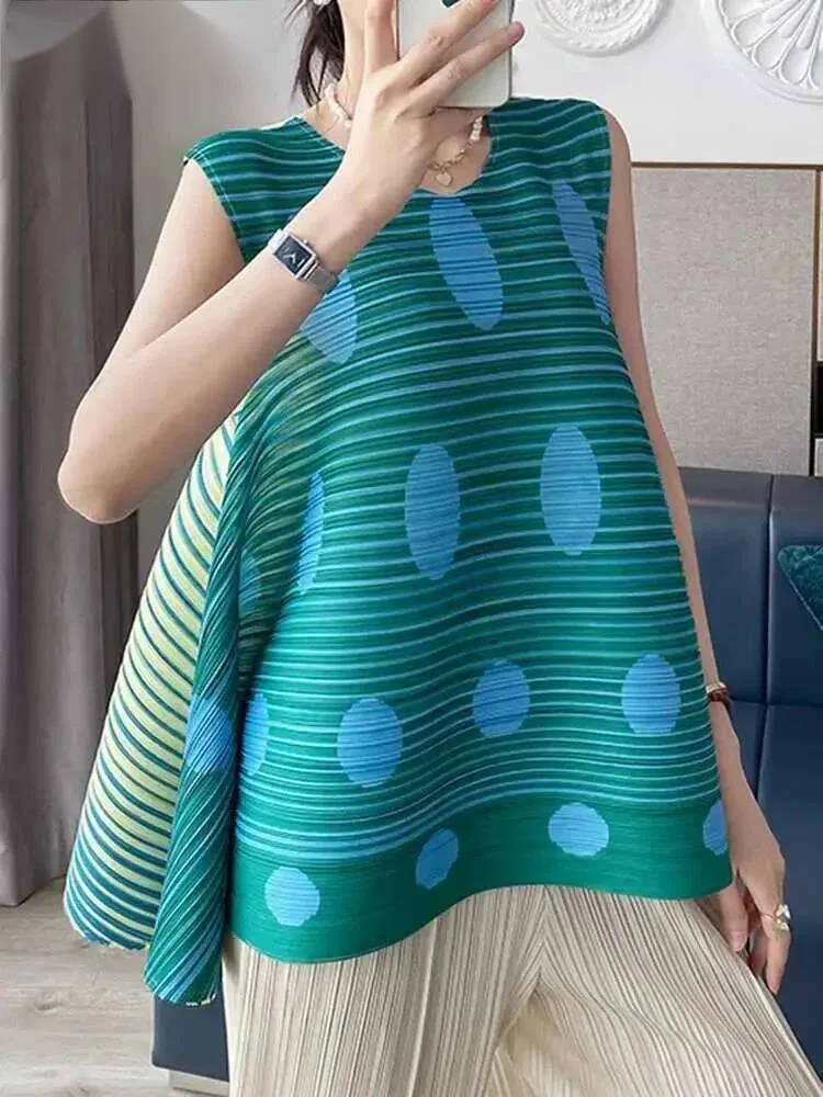Pleated Print T Shirt Women Round Collar Sleeveless Loose Irregular Casual Elegant New 2026 Female Pullover Tops 17GOKJX