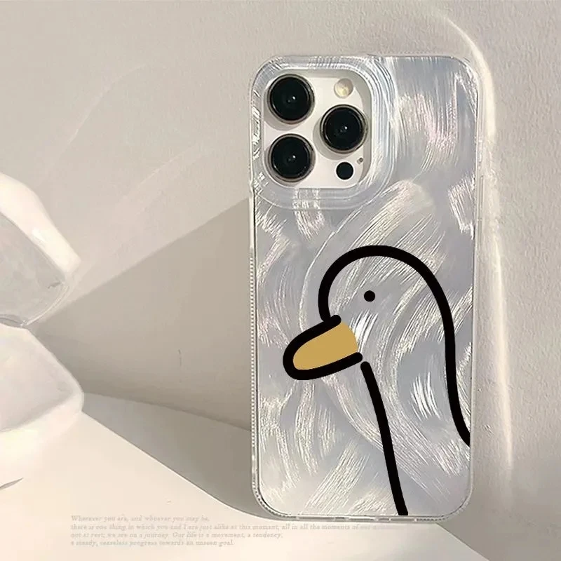 

New Cartoon Duck Case iPhone 11 Case For iPhone 13 14 15 Pro Max 12 11 XS Max XR X 8 7 15 Plus Luxury Laser Silver Hard Cover