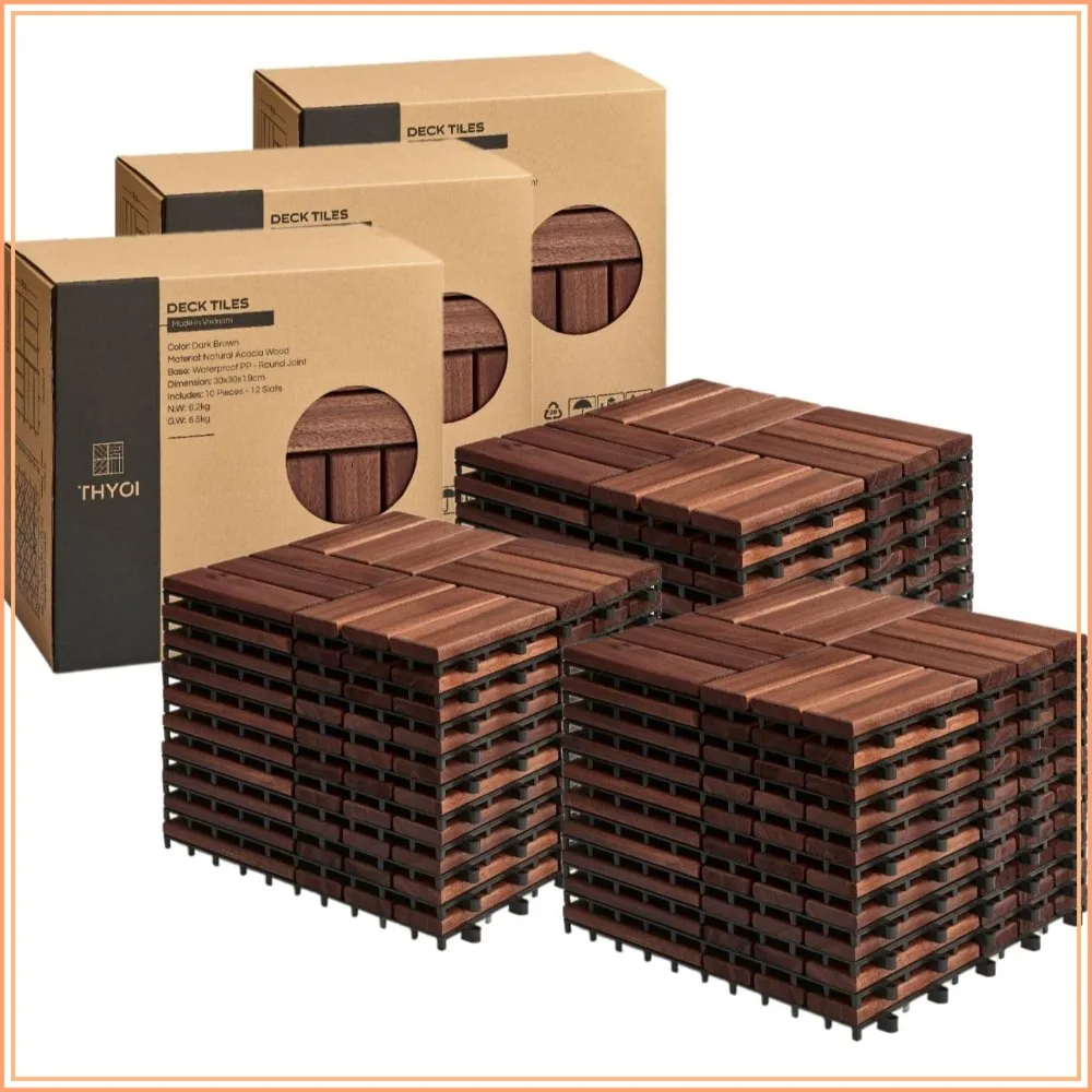 Interlocking Deck Tiles 12x12 Acacia Wood Outdoor Waterproof Patio Flooring 30 Pcs 30 sq ft