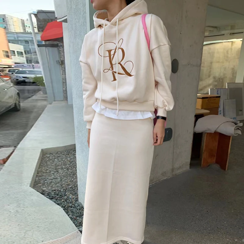 Chic Casual ex Hooded Dstring Letter Print Sweatirt High Waist Slimming Split Skirt Faion Set for Young Women