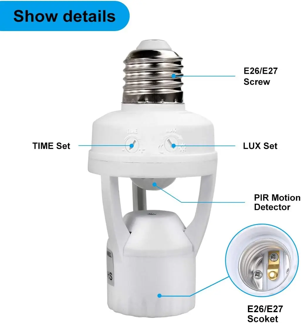 PIR Motion Sensor Light Socket, E26/E27 Auto On/Off Bulb Adapter, Night Light for Garage, Laundry, Storage Room