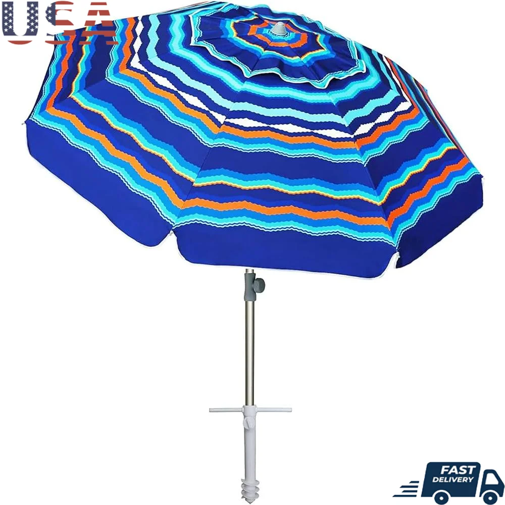 

Heavy Duty 7ft Beach Umbrella with Sand Anchor Tilt Design UV Protection Waterproof Wind Resistant Outdoor Sunshade Garden