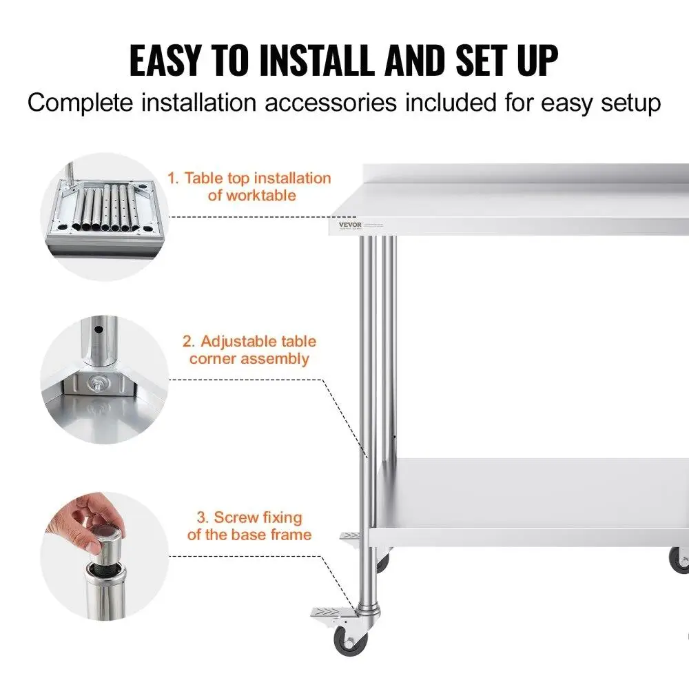 طاولة عمل تجارية مع عجلات ، فولاذ مقاوم للصدأ ، ارتفاع قابل للتعديل ، مطعم ، منزل ، فندق ، استعداد ، 24x36x40 بوصة