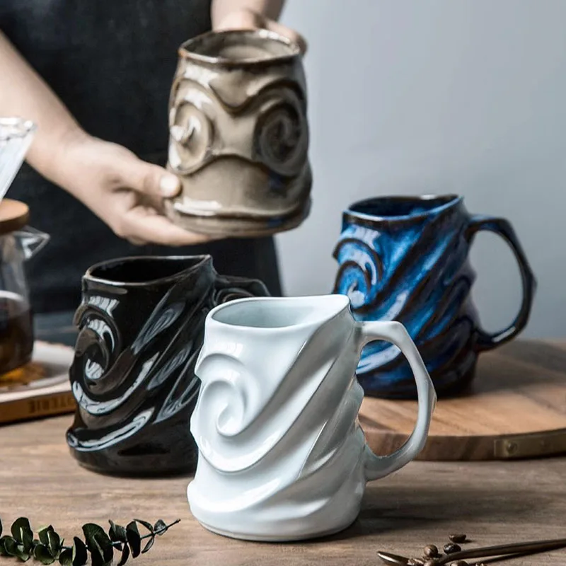 

Creative Embossed Mugs Retro Aesthetic Blue Color Ceramic Coffee Mug With Large Handle for Coffee, Tea, Milk and Chocolate