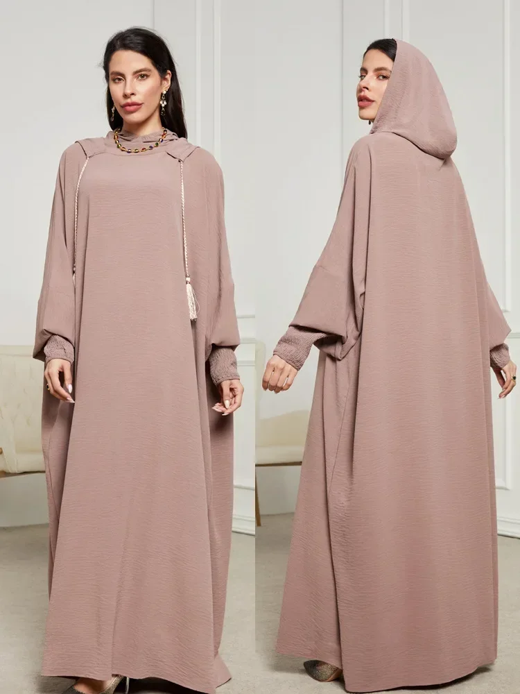 Eid vestido muçulmano para mulheres jalabiya abaya com capuz corda vestidos de festa de oração ramadan kaftan dubai árabe longo robe 2025