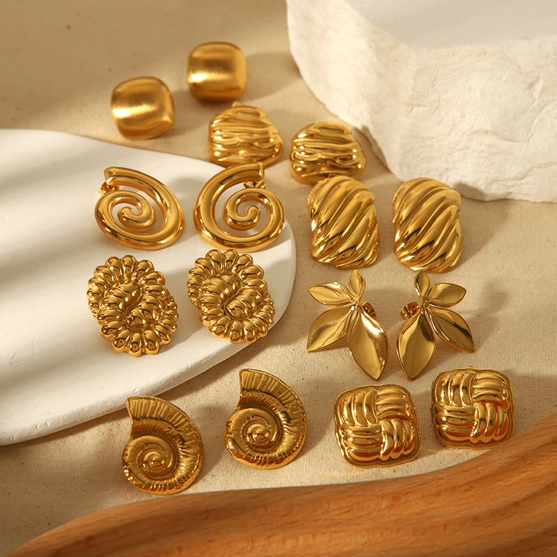 Stylish Stainless Steel Leaves Flower Geometric Stud Earrings Anti Allergy Waterproof Charm Texture High Quality Jewelry