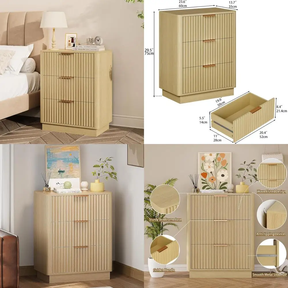 

Прикроватная тумбочка в стиле Mid-Century Modern с 3 ящиками, рифленым дизайном и ручками цвета розового золота