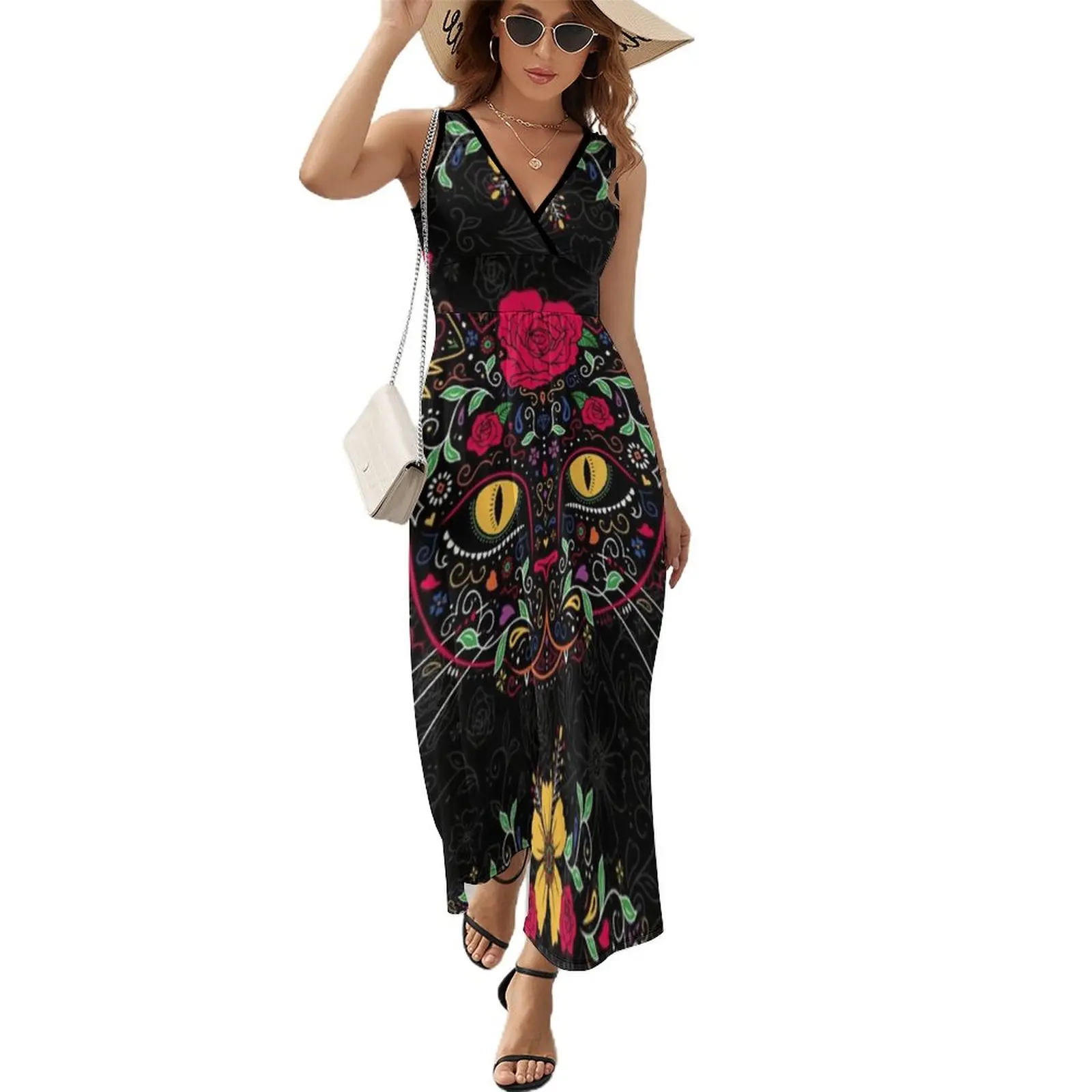 Day of The Dead Kitty Cat Sugar Skull Dress Summer Streetwear Boho Beach Long Dresses Women Sleeveless Design Vintage Maxi Dress