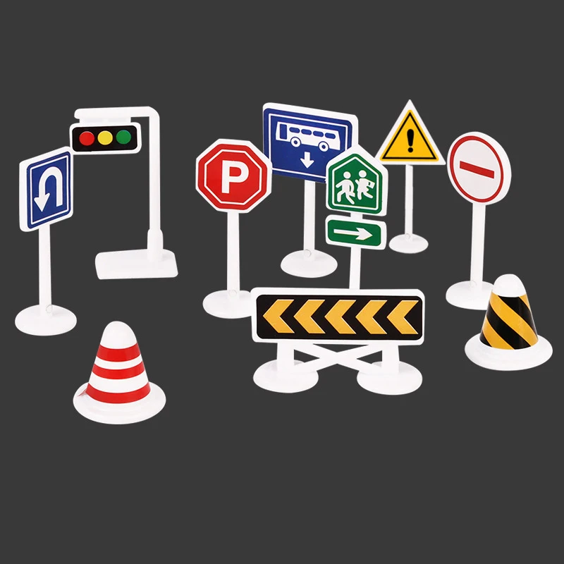 Mini Road Traffic Road Signs Model 10 Pcs Set DIY Traffic Awareness Self-loading Toys Accessories Children's Puzzle Toys Gifts