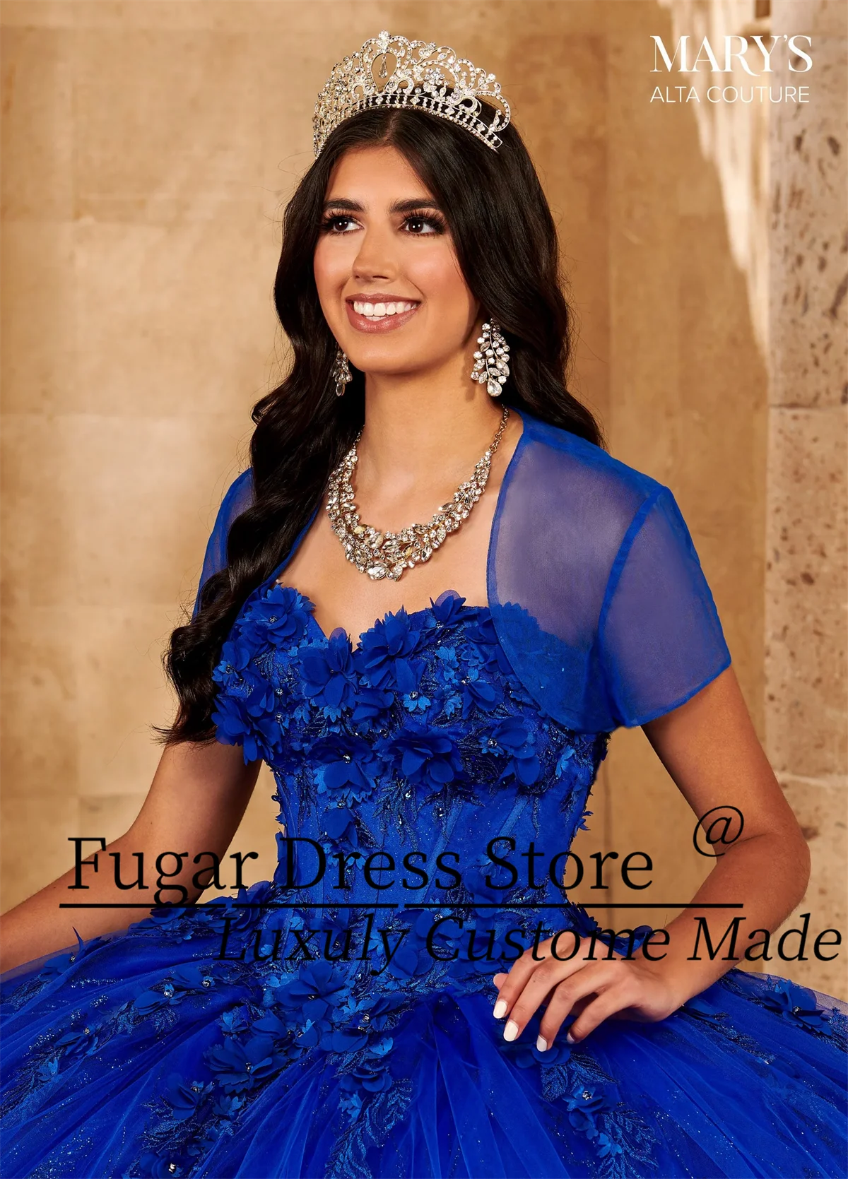 Vestidos de quinceañera azul real, apliques de flores en 3D, cuentas de gasa brillante, escote corazón sin tirantes, vestidos para niñas