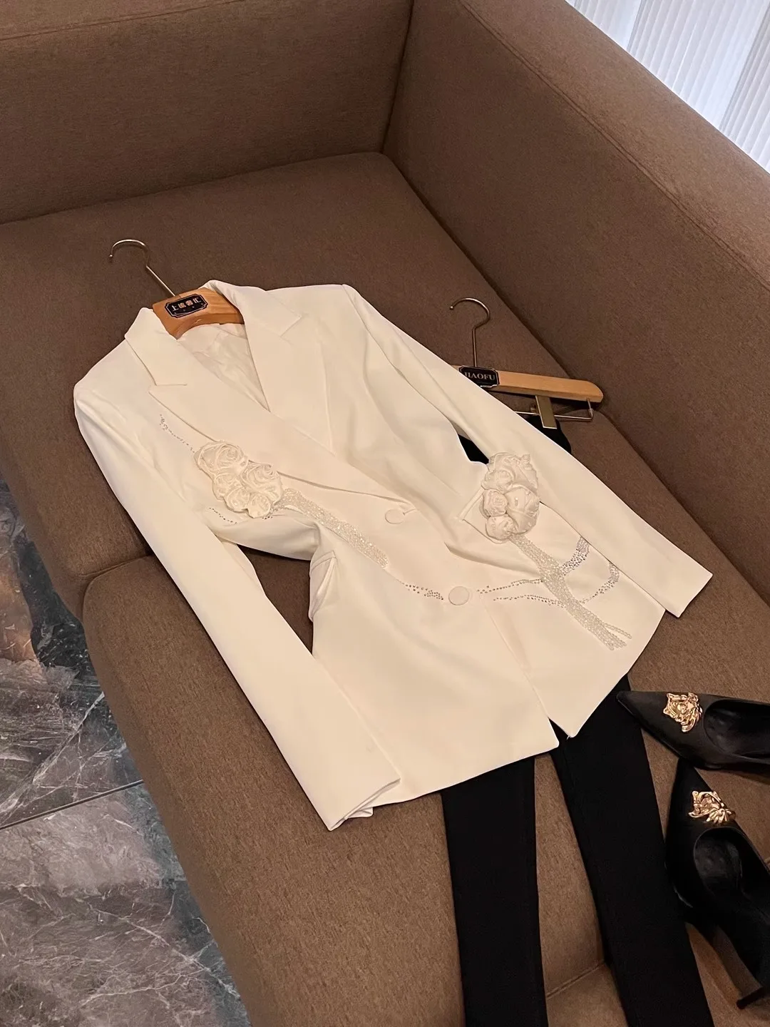 

Slim Fit Pure Color Floral 3D Printed Women's Suit Jaet Ele Sle European Faion Long Sve Office Wear X208