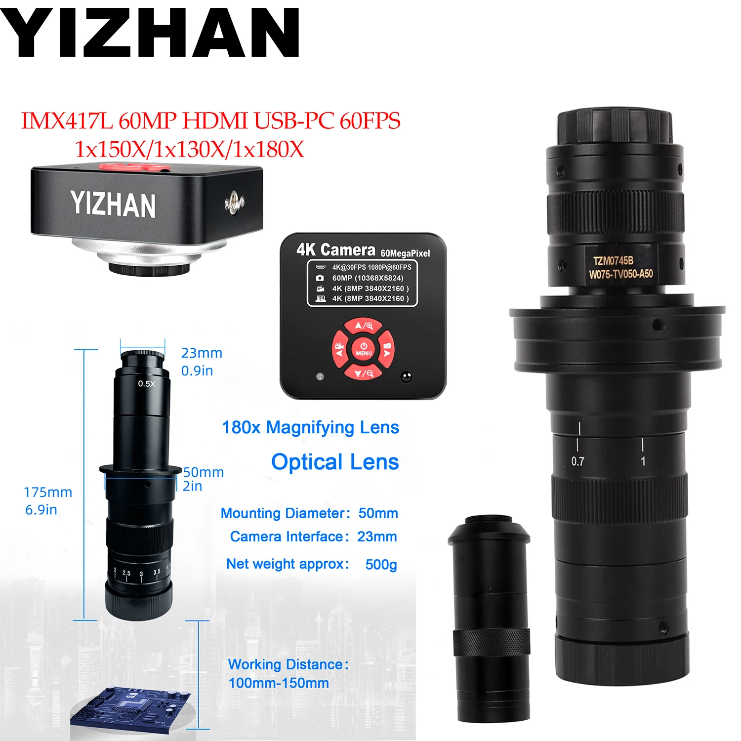 

YIZHAN 60MP/48MP HDMI Microscope Camera Digital Electronic HD Industrial Camera + A50/180X Adjustable Lens For Repair Soldering
