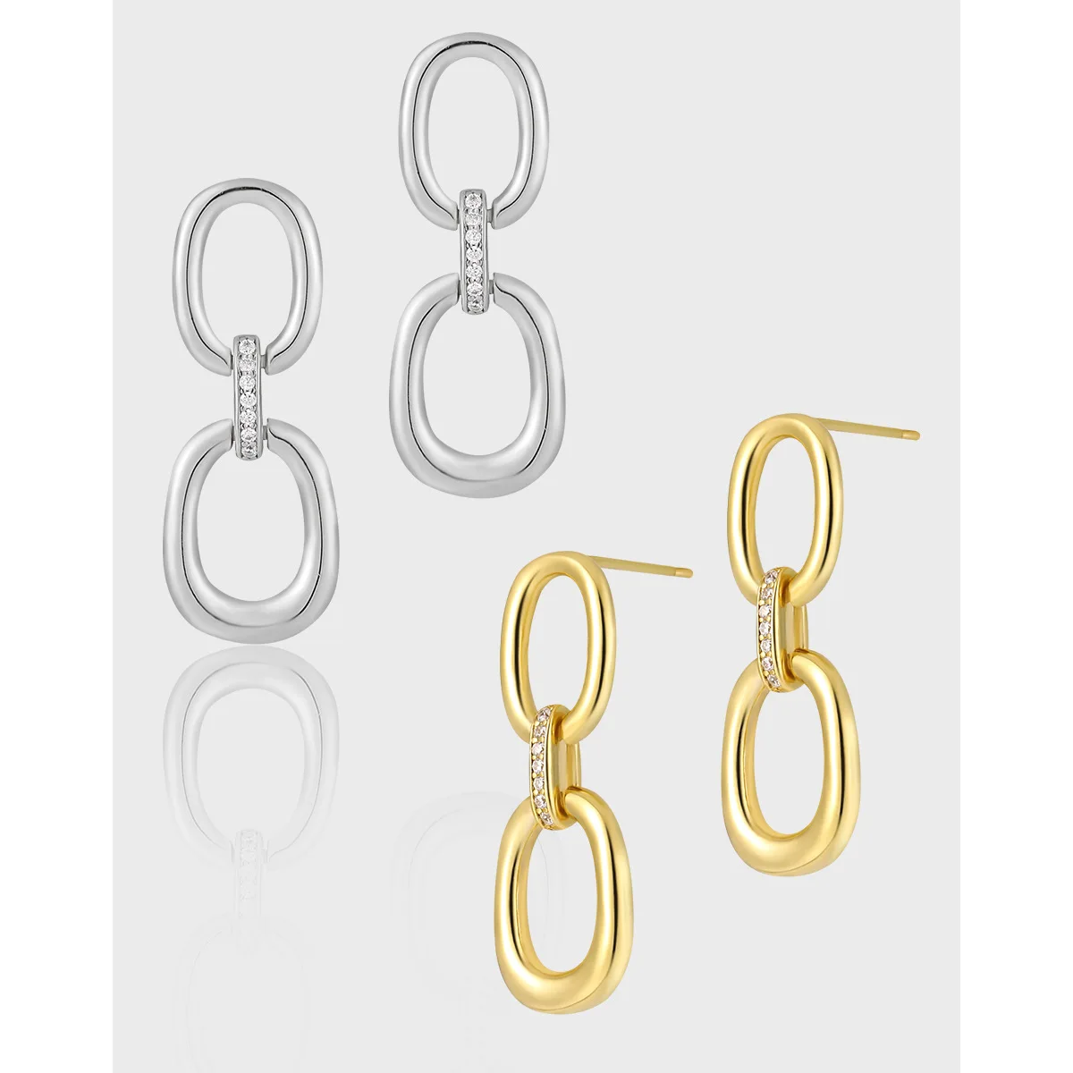 F.I.N.S Temperament Geometric Glossy S925 Sterling Silver Dangle Earrings Double Oval Circles With Zirconia Piercing Ear Jewelry