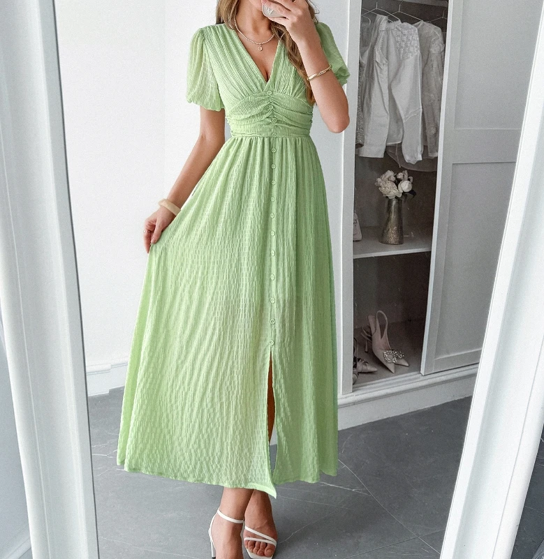 

Vacation style deep V-shaped short sleeved long sleeved dress, elegant summer women's solid color high waisted button up dress