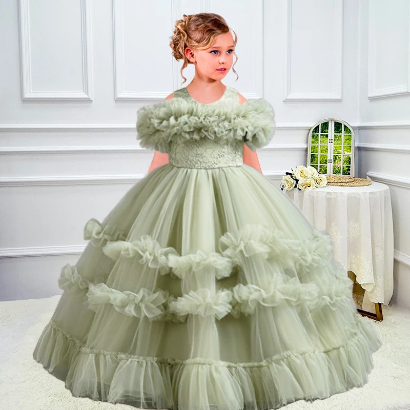 Summer Girls Dress Elegant Long Bridesmaid Children's Dress Girls Birthday Party Dress Sequins Halloween Performance Apparel