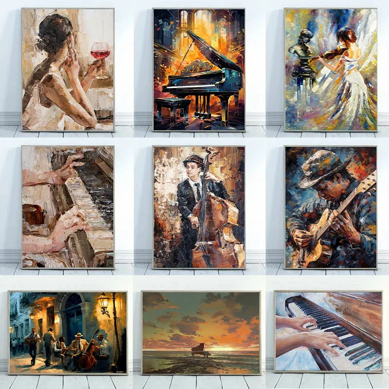 2026 Abstract Vintage Music Posters  Jazz Saxophone Violin Guitar Piano Posters Canvas Printing Wall Art Poster Living Room Dec