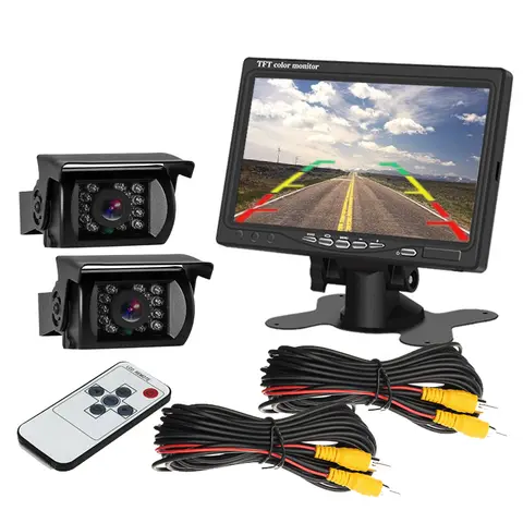 iPoster 7 Inch LCD Screen Car Monitor with Remote 2x Rear View Backup Reversing Camera RCA DC Connector 2x 10m AV cables 12-24v For Truck Bus Van Rv Trailer