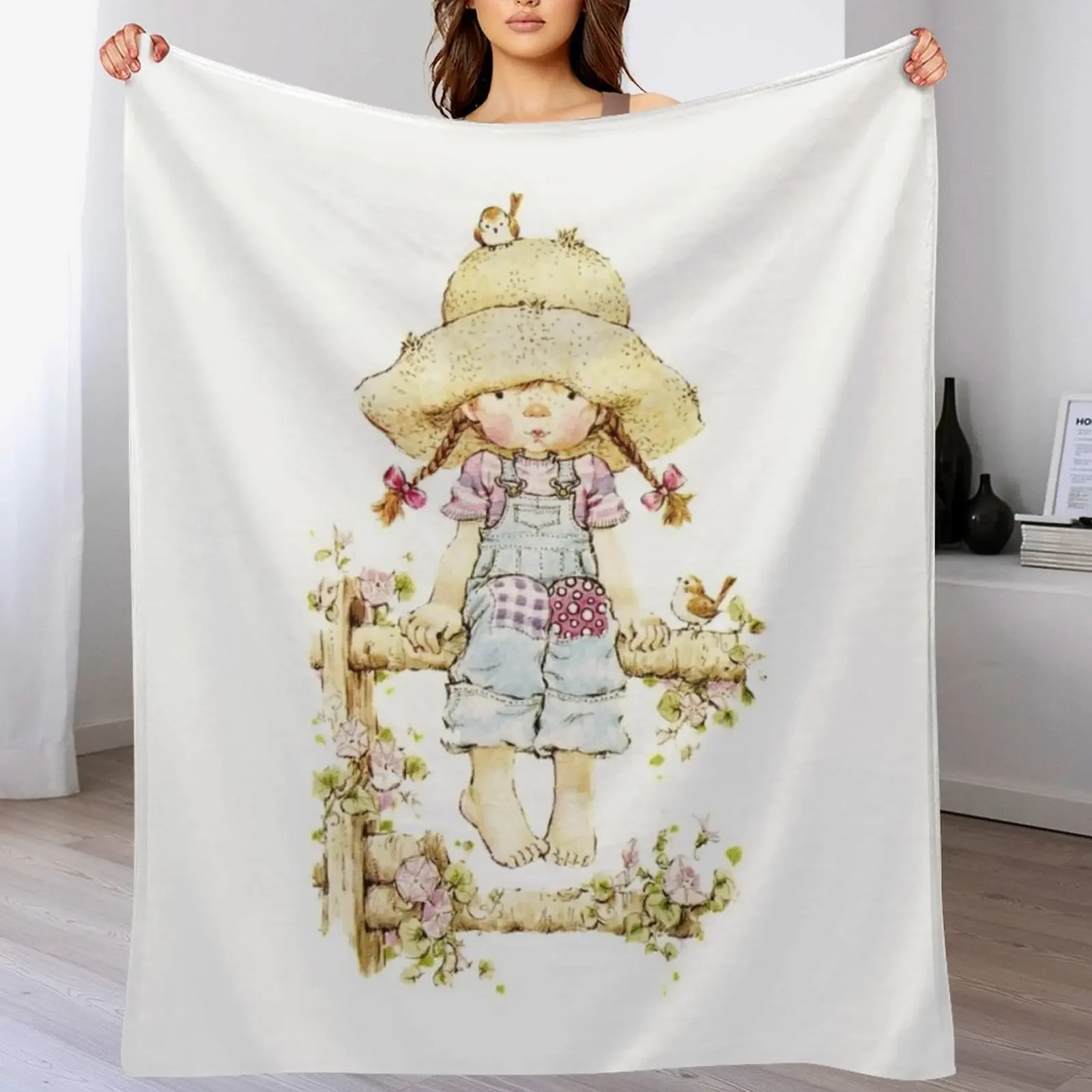 

Sarah Kay - Girl sitting on a fence with birds Throw Blanket Decorative Sofa Retros Fashion Sofas Blankets