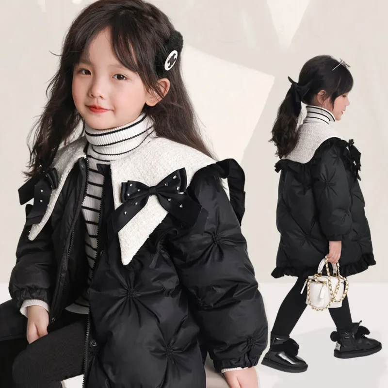 Girls' Down Cotton Jacket Children's Clothing Autumn Winter 2024 New Fashion Westernized Princess Sweet Baby Collar Warm Coat