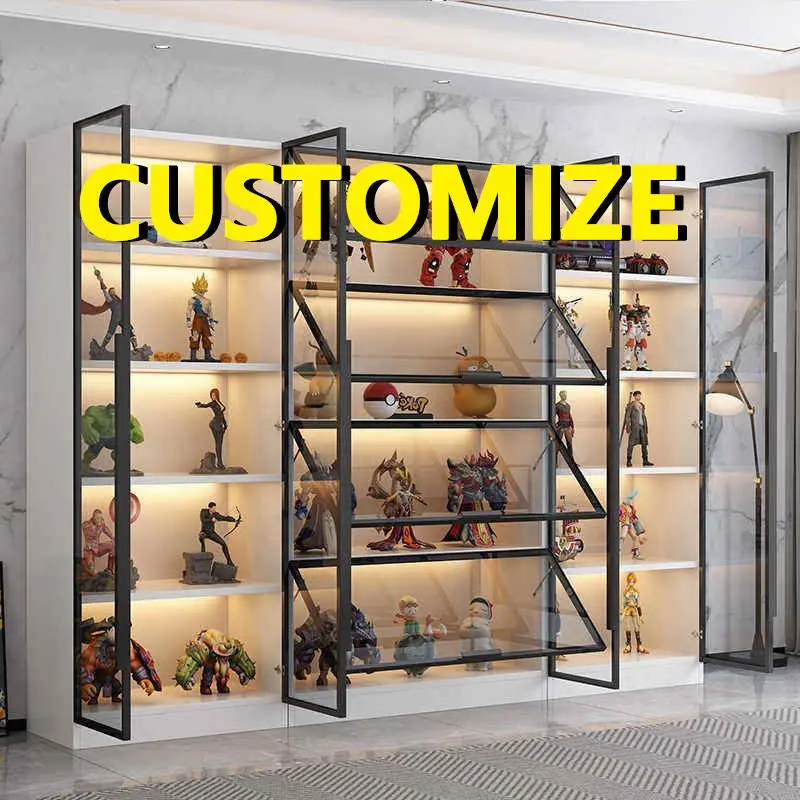 Any Size Custom Lockable Tempered Glass Display Cabinet LED Light Clear View Large Capacity Aluminum Frame Collectible Showcase