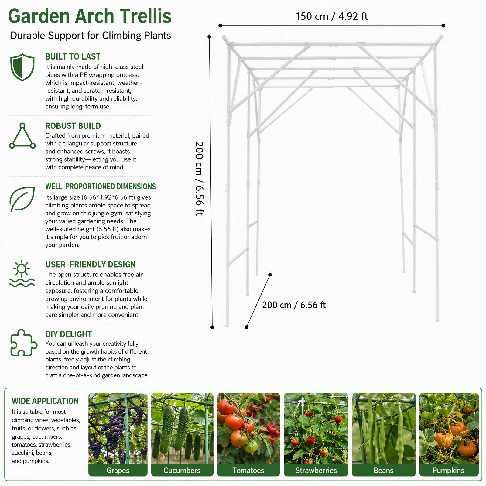 Garden Plant Trellis for Climbing Plants 6.56x4.92x6.56ft, Sturdy Steel Frame PE-Coated Weather-Resistant Vegetable Vine Flower Support Rack for Courtyard Outdoor, White