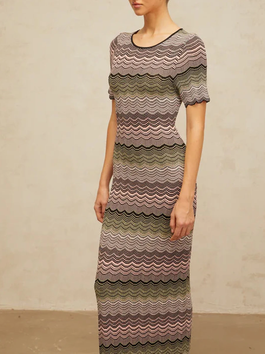 VGH Slim Fit Striped Printing Temperament Dresses For Women Round Neck Short Sleeve High Waist Elegant Dress Female Fashion New