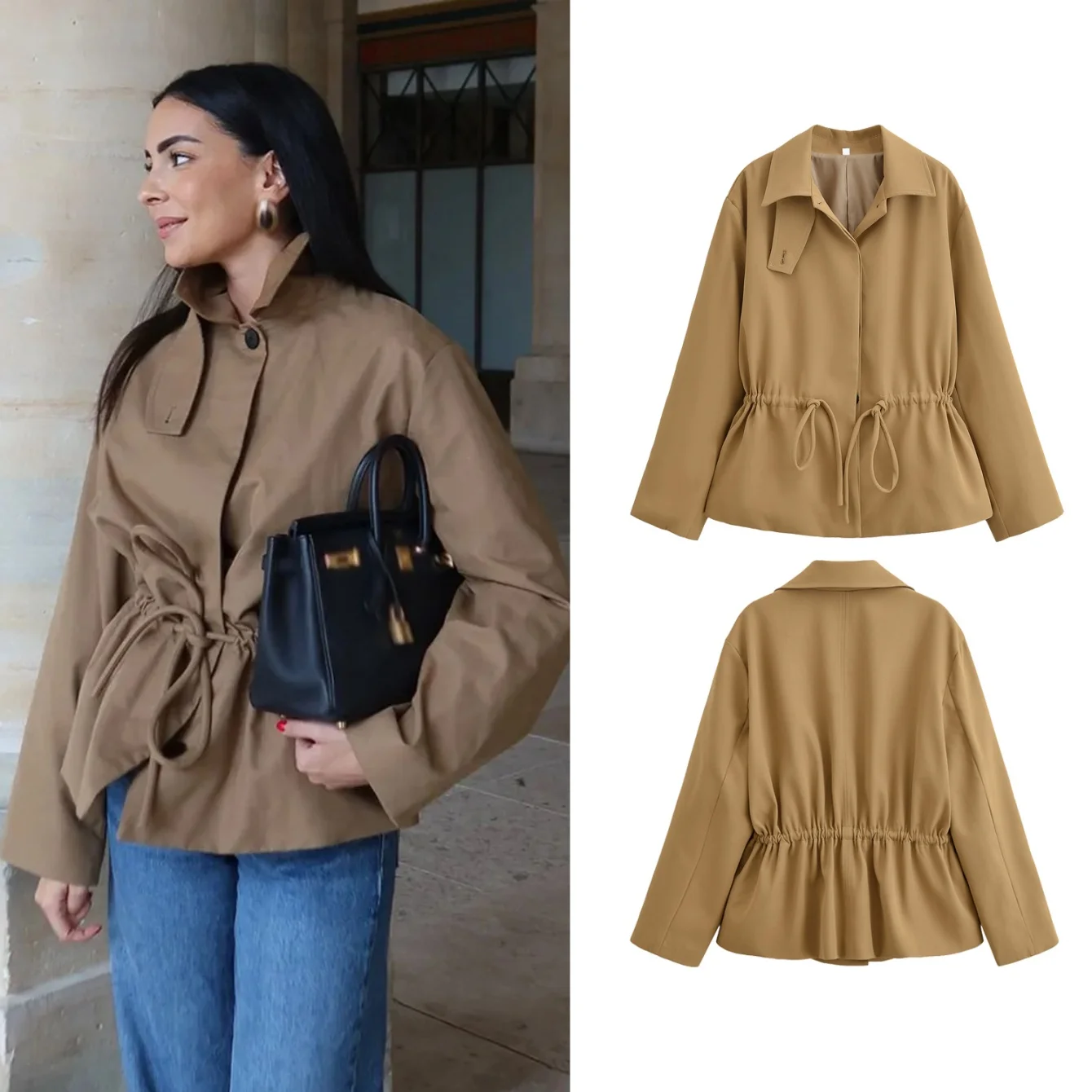 

Autumn Women Fashion Solid Coats Turn-Down Collar Long-Sleeved Single Breasted Jacket Female Casual With Waist Lace-Up Outerwear