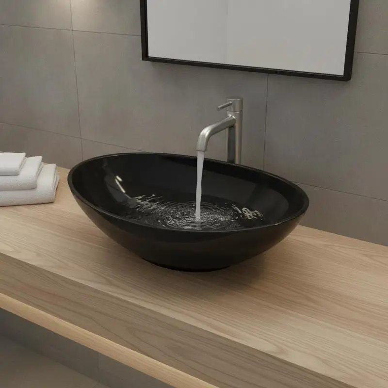 Ovales Keramik-Aufsatzwaschbecken Schwarz 40 x 33 cm, Modernes Waschbecken für Badezimmer und Gästetoilette, Glatte, pflegeleichte Oberfläche, Elegantes Design für modernes Badezimmer,