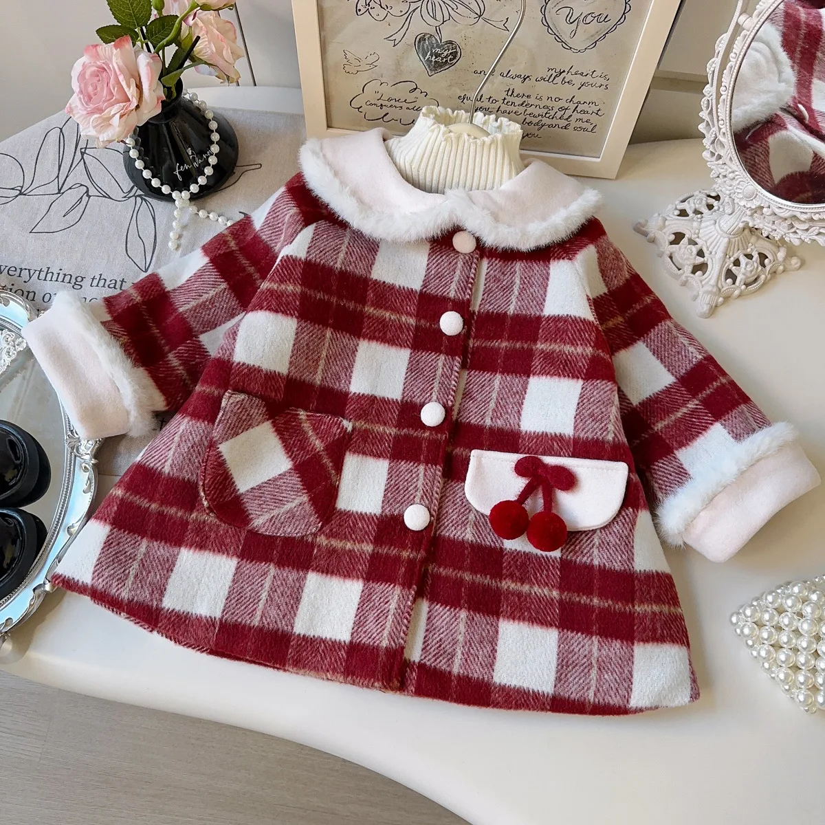 

Infant Baby Girls Parkas New Winter Plaid Thicken Warm Toddler Girls Wool Jacket Peter Pan Collar Cherry Applique Kids Girl Coat