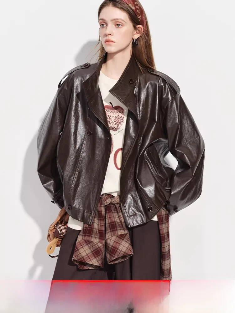 Femslim Oversize ort Waist-Cinching Leather Jaet Women's Spring 2026 New Commute ort Coat Loose Fit Polyester Fiber