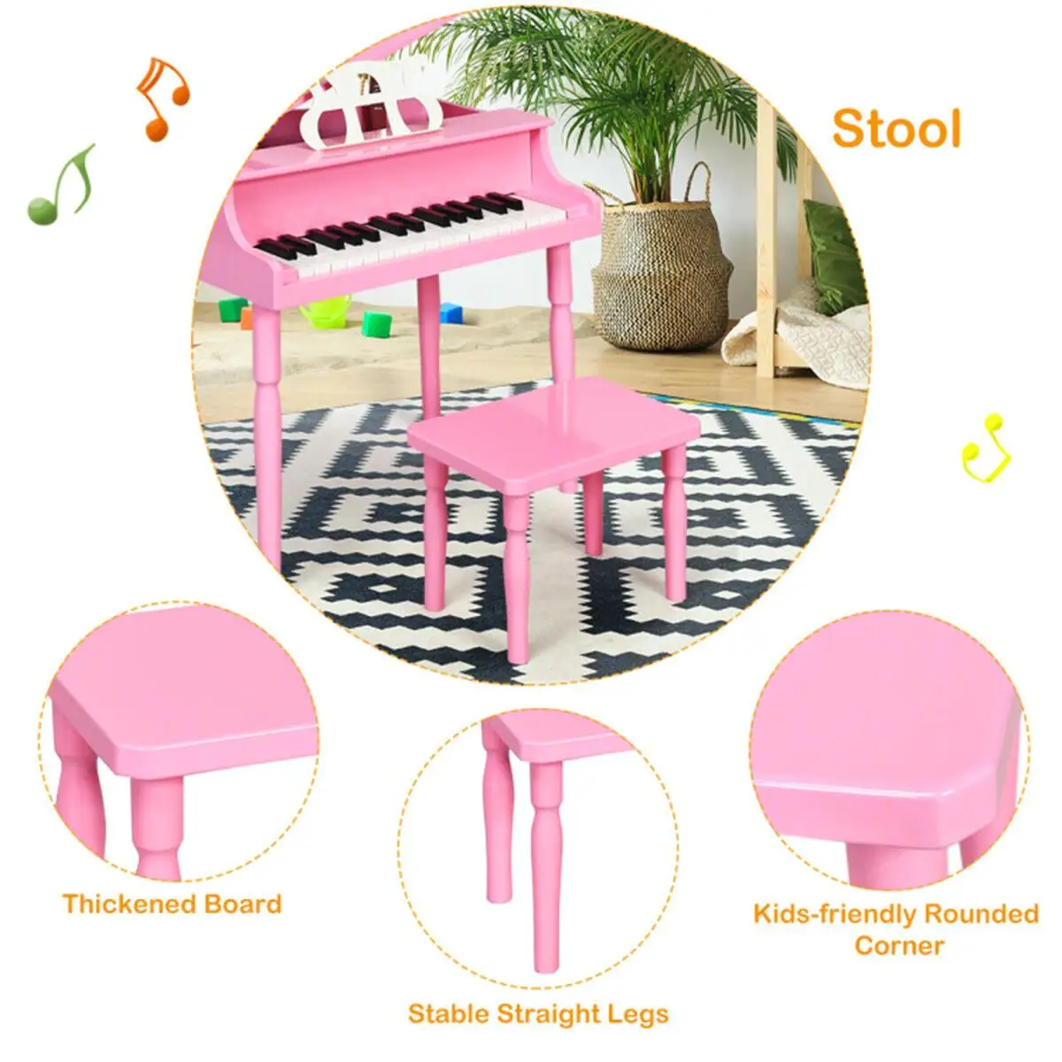 30-Key Wooden Grand Piano for Kids with Bench & Music Rack - Colorful Toy Instrument