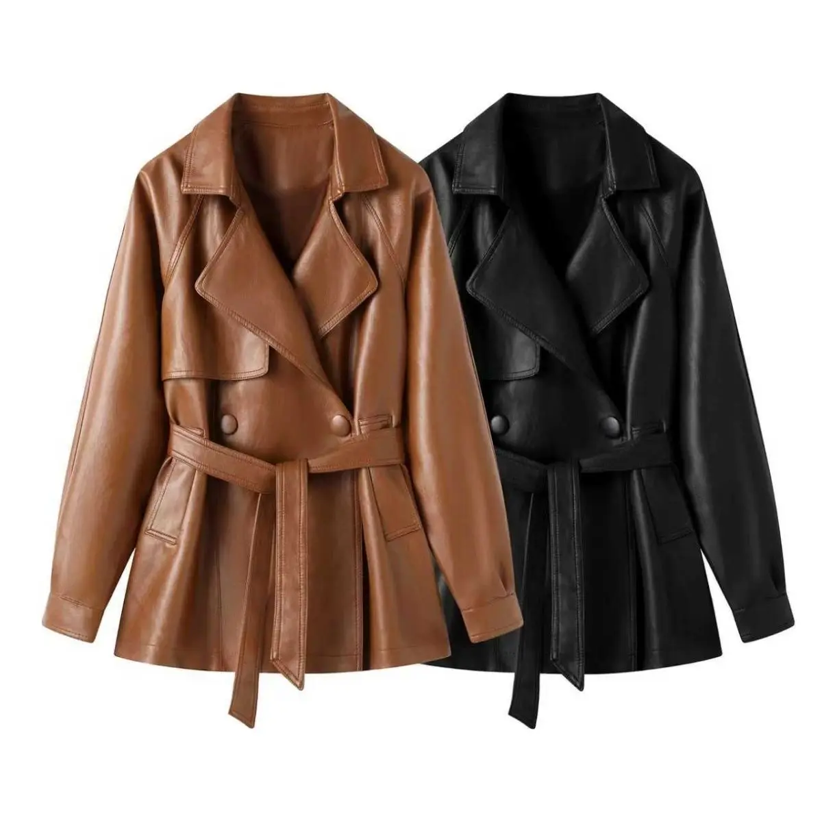 Women Fashion Faux Leather Trench Coat Long Sleeve Lapel Jacket With Belt Vintage Windbreaker 2027Lady Motorcycle Jacket Outwear