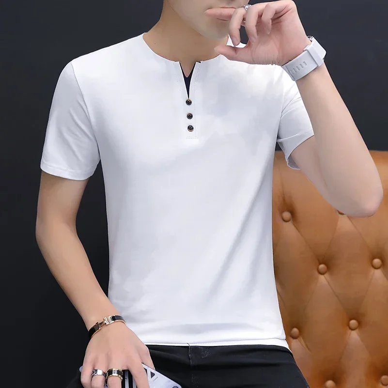 BROWON Summer Top Men T-shirt Casual Short Sleeve Cotton Business T-shirts Men Slim Fil Solid Color Cotton T Shirt Men Fashions