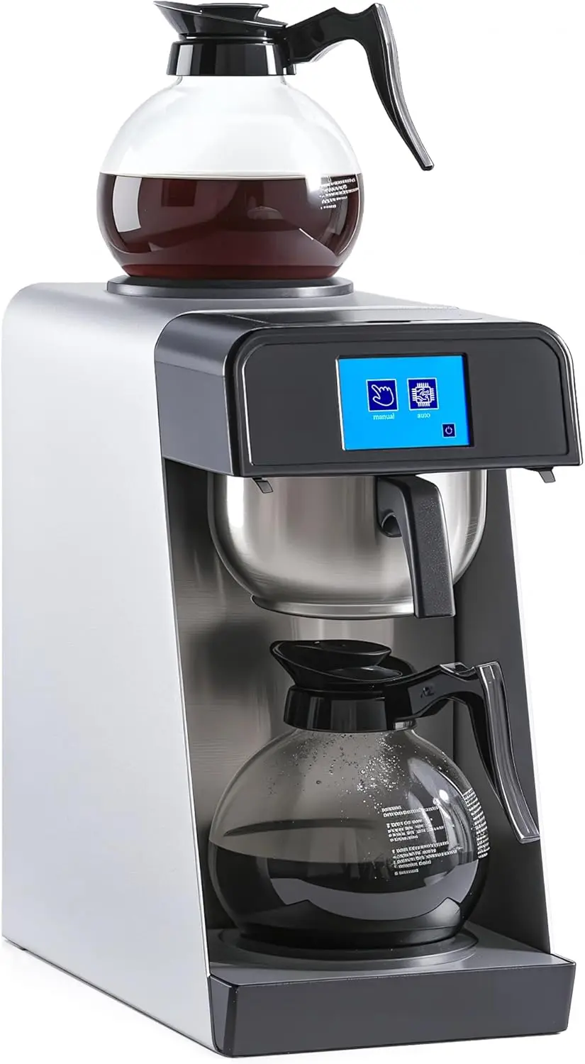 

Commercial Drip Coffee Maker 1.8L Auto Filling Pour Over Coffee Machine with 2 Glass Carafes, 2 Warmers, LCD Panel, Autom