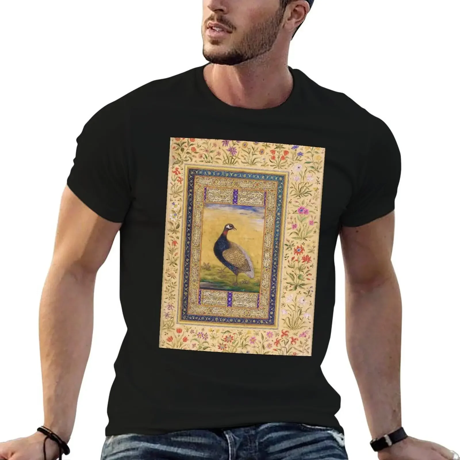 Mughal miniature. Black Francolin, by Muhammad. T-Shirt anime shirt topping luxury clothes men