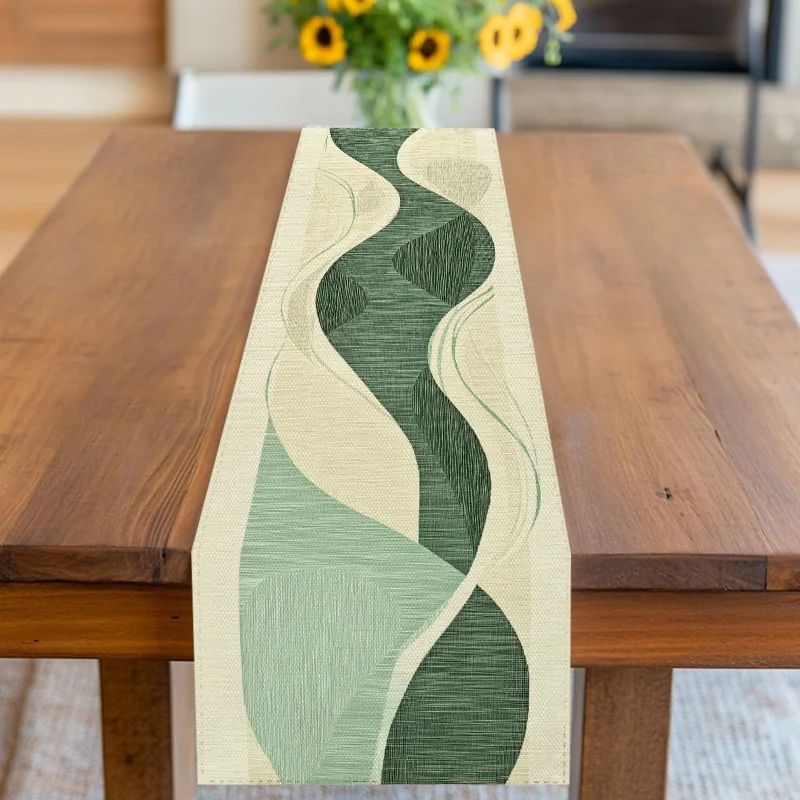 【Green Rhythm Abstract】VIKAMA Table Runner, Washable & Reusable, Family Dinner & Party Table Runner Decor