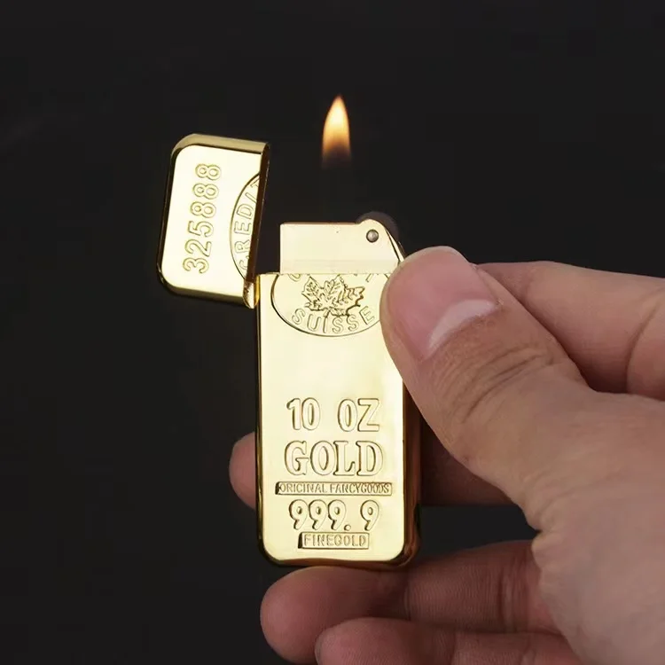Fashion Classic Gold Bar Shape Butane Gas Metal Grinding Wheel Lighter Cigarette Accessories Men's Gift Outdoor Ignition Tool