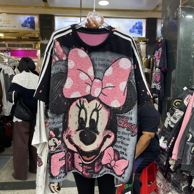 المرأة Y2k Kawaii تي شيرت شعبية فضفاضة قصيرة الأكمام أعلى الصناعة الثقيلة منشفة التطريز المتعثرة الكرتون الشباب بلايز #5