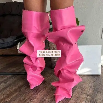 Women High-Heeled Pointed Toe Metal Rivets Knee Boots Two-Way Wear Piled-Up Tall Boots Metallic Button Slouchy Long Boots