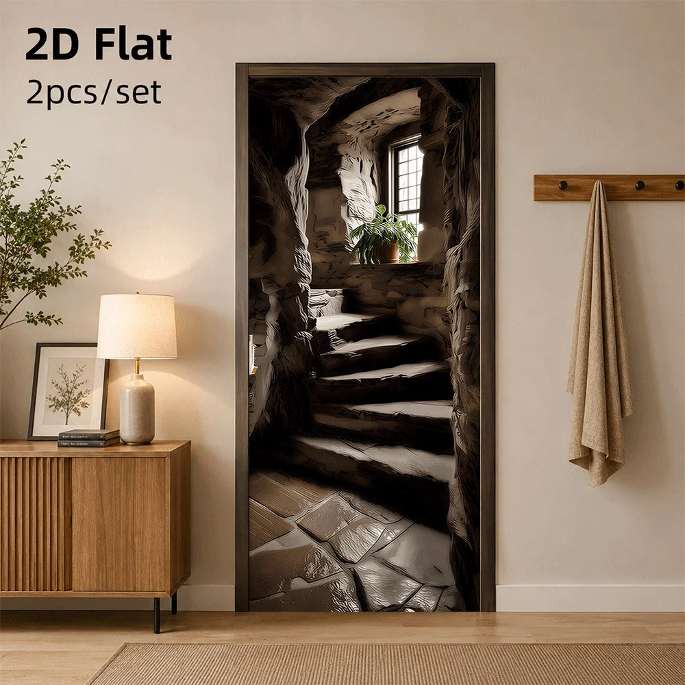 1 piece of retro stone staircase door sticker creates a mysterious cave style, self-adhesive waterproof, removable 2D flat surfa