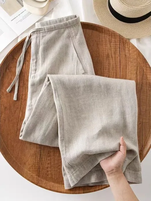 

Льняные широкие брюки в стиле ретро, женские летние новые свободные утягивающие драпированные брюки с высокой талией, прямые повседневные брюки, длинные брюки