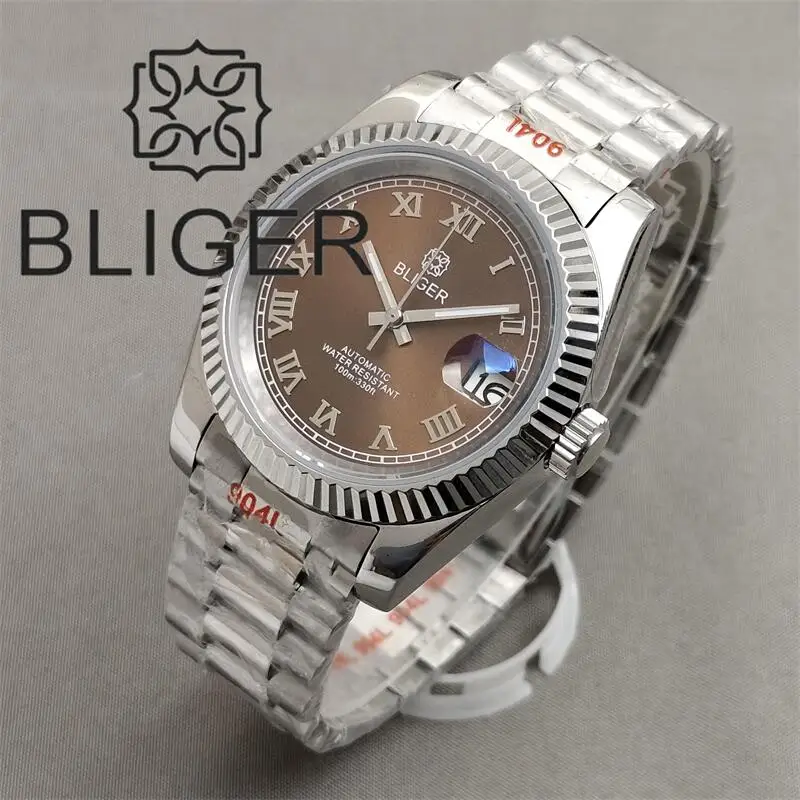 BLIGER 36mm/39mm Silver Bezel White Pink BrowDial Roman Index NH35 Automatic Movement Mens Watch Jubilee Bracelet Green Luminous