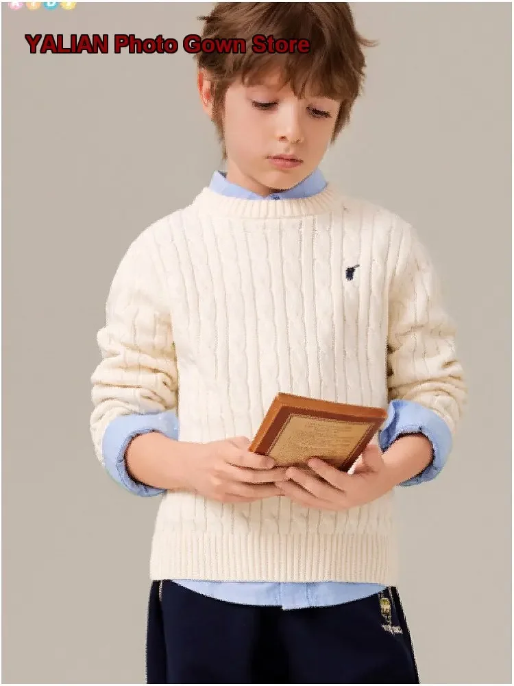 Boys Girls Collar Knit Top Spring Autumn Twist Knit Cardigan