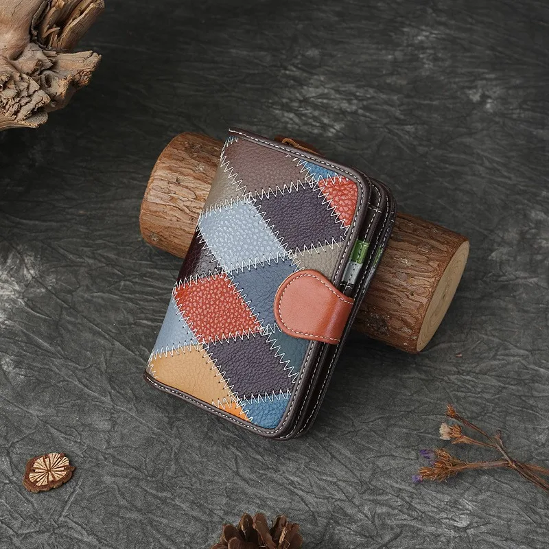 Johnature Genuine Leather Mixed Colors Short Wallet 2026 New Random Color Splicing Large Capacity Multi Slot Folding Card Bag