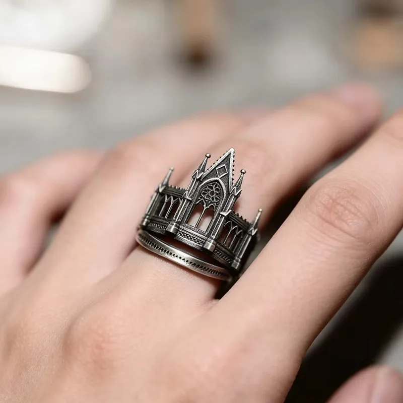 Vintage Silver Gothic Cathedral Ring For Men Opening Adjustable Design Medieval Architecture Jewelry Statement Gift