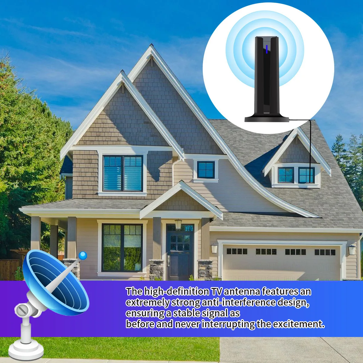 Antenna TV digitale per Smart TV Antenna TV interna 360 ° &L'antenna HDTV per ricezione a lungo raggio supporta 4K 1080p con base stick 3M
