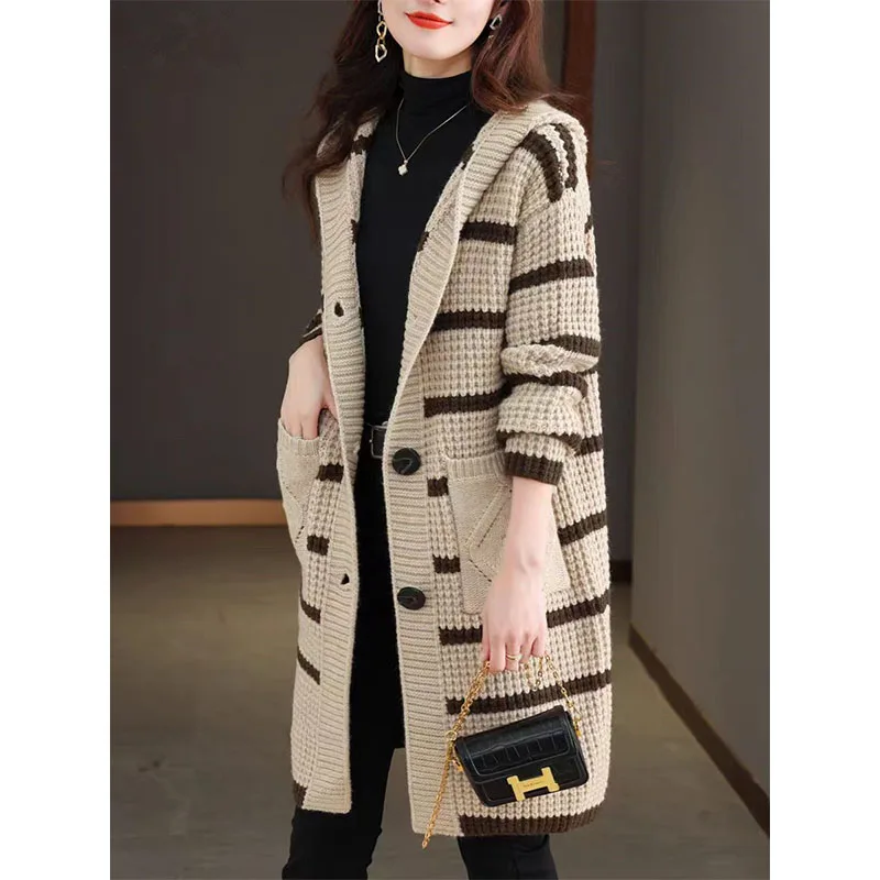 Striped Knitted Cardigan Women's Coat Mid to Long Style 2024 Autumn and Winter New Item Hooded Sweater Outerwear Cardigans