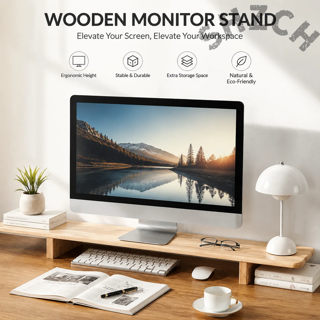 Desk Setup For Laptop And Monitor - Wooden Monitor Stand Riser for Ergonomic