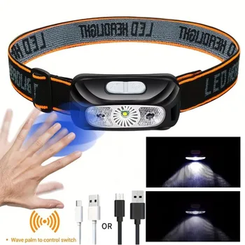 Latarka czołowa LED z czujnikiem indukcyjnym Latarka czołowa Wędkarstwo Kemping USB Akumulator Wodoodporny Do uprawiania sportów na świeżym powietrzu 4 tryby