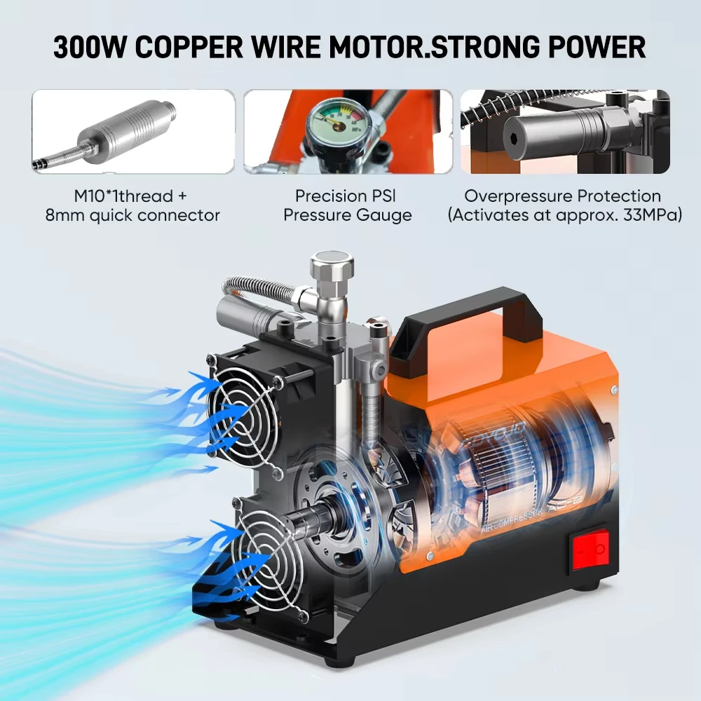 12V Portable PCP Air Compressor 4500Psi Oil-Free Water-Free Dual Power Air Pump with Converter 110V/120V AC
